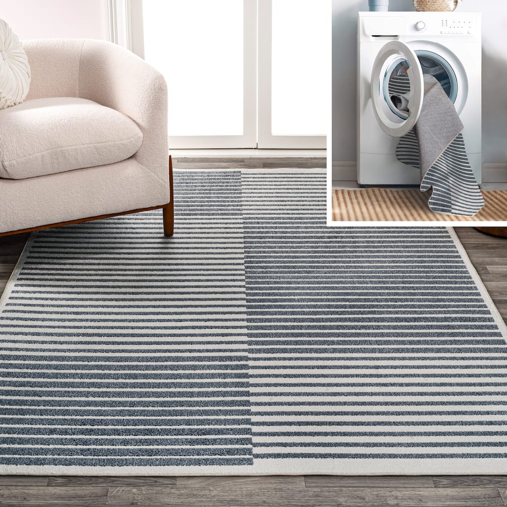 JONATHAN Y Slinger Minimalist Striped Plaid Machine-Washable Dark Gray/Cream Area Rug