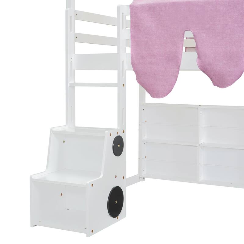 Twin Size Wooden Loft Bed with House-Shaped Frame, Tent, Slide, and Storage, White and Pink