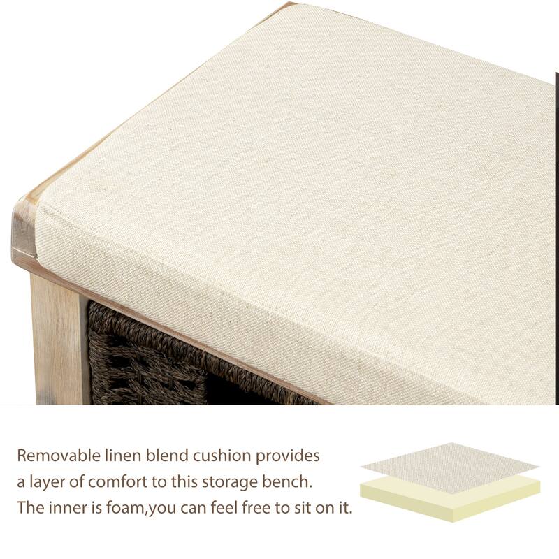 Rustic Storage Bench with 3 Removable Classic Rattan Basket , Entryway Bench with Removable Cushion