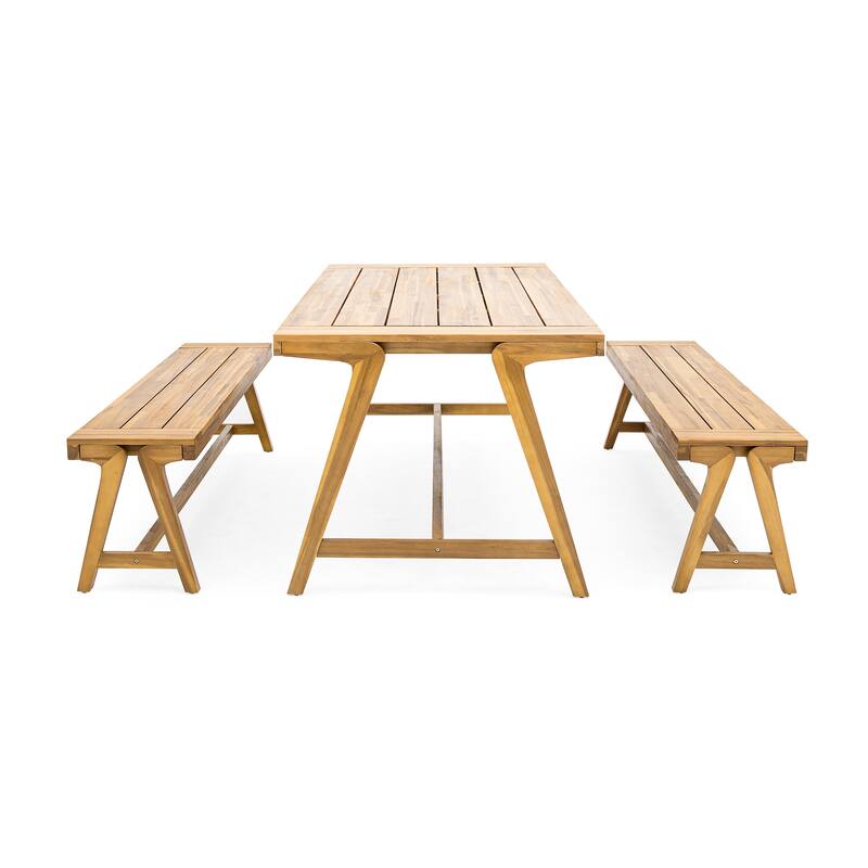 Roomfitters 3-Piece Outdoor Picnic Set, Contemporary Acacia Wood Dining Table & 2 Benches, All-Weather Compact Design
