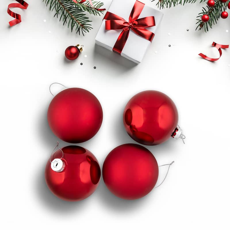 2-Finish Christmas Glass Ball Ornaments - 4" (100mm) - Red - 4ct