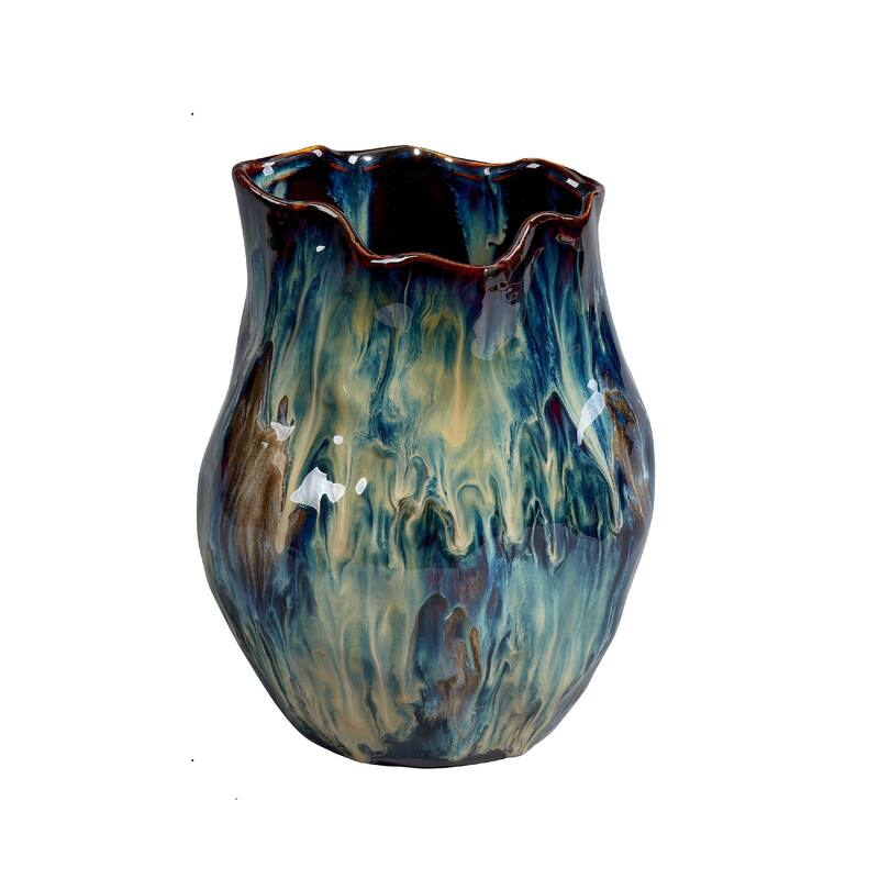 Fera Decorative Flower Vase, Ruffled Edge, 9 Inch Shiny Blue Ceramic