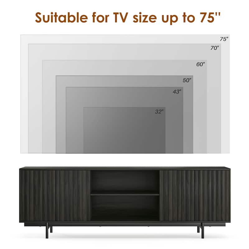 Mid Century Modern TV Stand for TVs Up to 75", Farmhouse Fluted TV Stand, Retro Wood TV Stand with Storage and Shelf