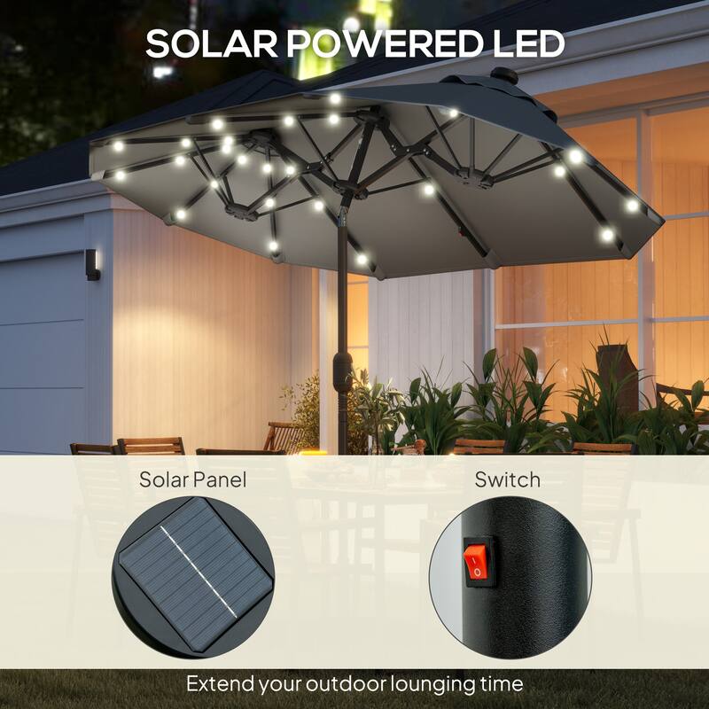 Outdoor Double-Sided Patio Umbrella with 40-Degree Tiltable Canopy 35 Solar LED Lights Steel Frame and Weighted Base