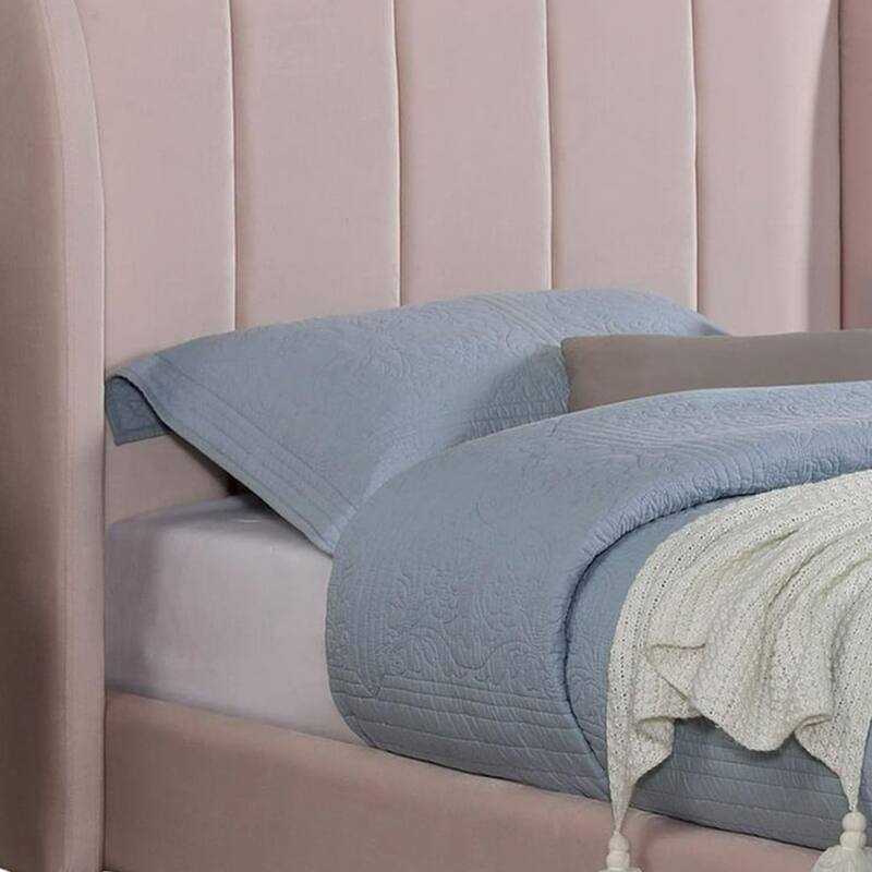 Pevy Queen Size Bed, Tufted Wingback in Light Pink Velvetlike Upholstery