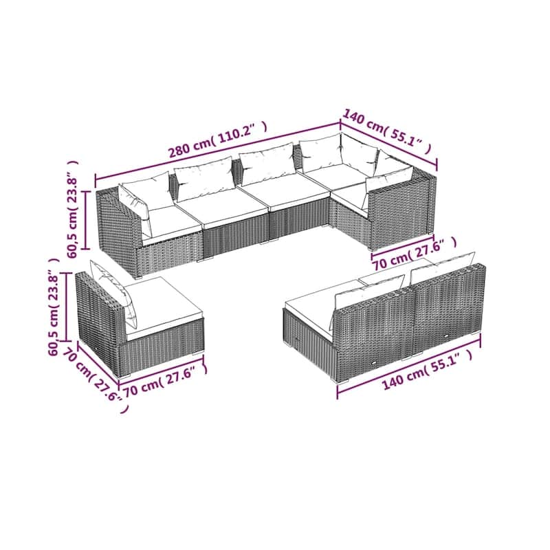 vidaXL Patio Lounge Set Outdoor Sectional Sofa Set Table Garden Poly Rattan - 27.6" x 27.6" x 23.8"