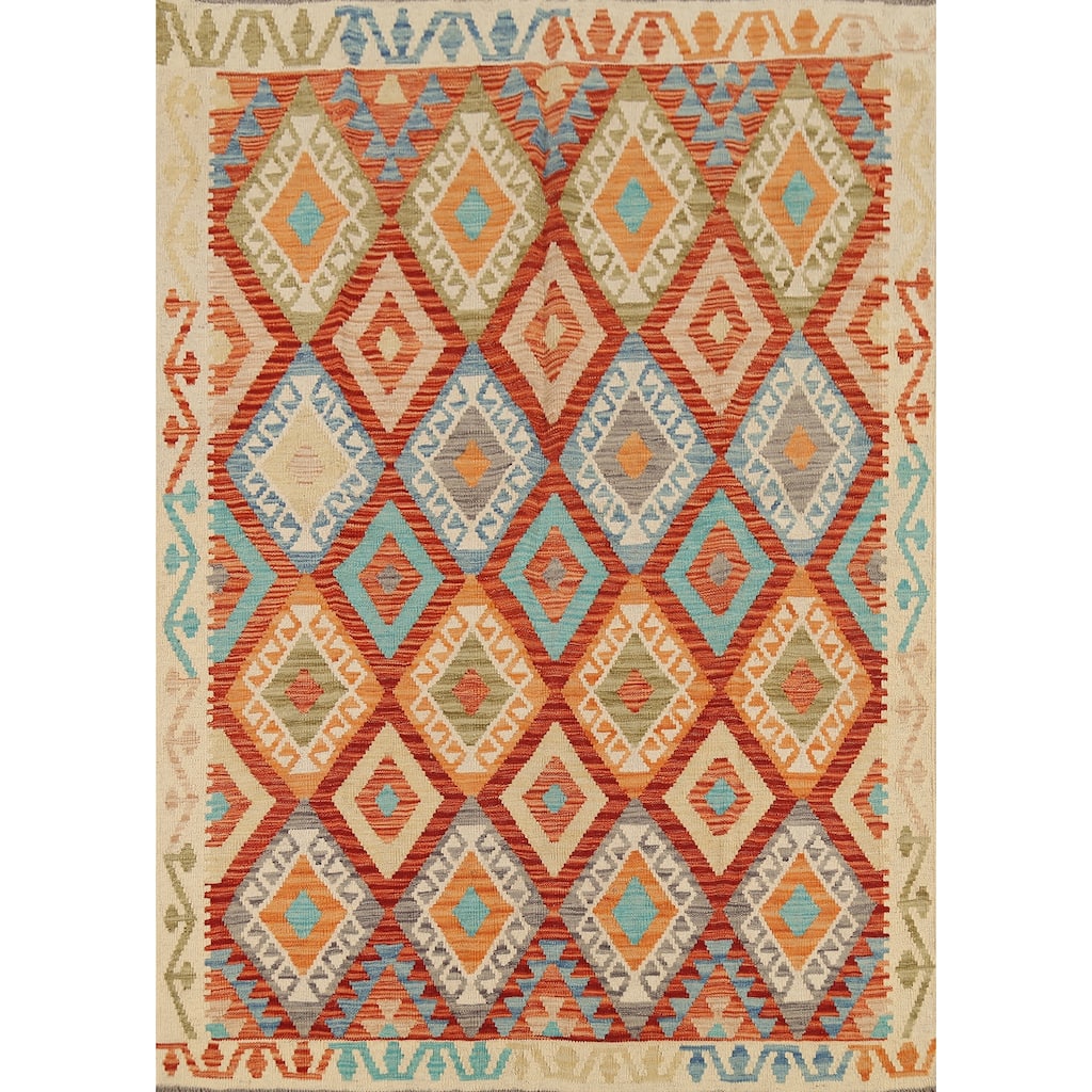 Flat Weave Kilim Reversible Area Rug Handmade Wool Carpet - 5'1"x 6'5"