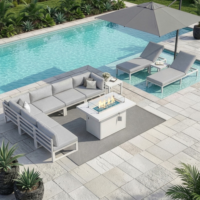 11-Piece Luxury Aluminum Outdoor Furniture Set with Chaise Lounge & Fire Pit Table, 29" Deep Seating Aluminum Patio Sectional