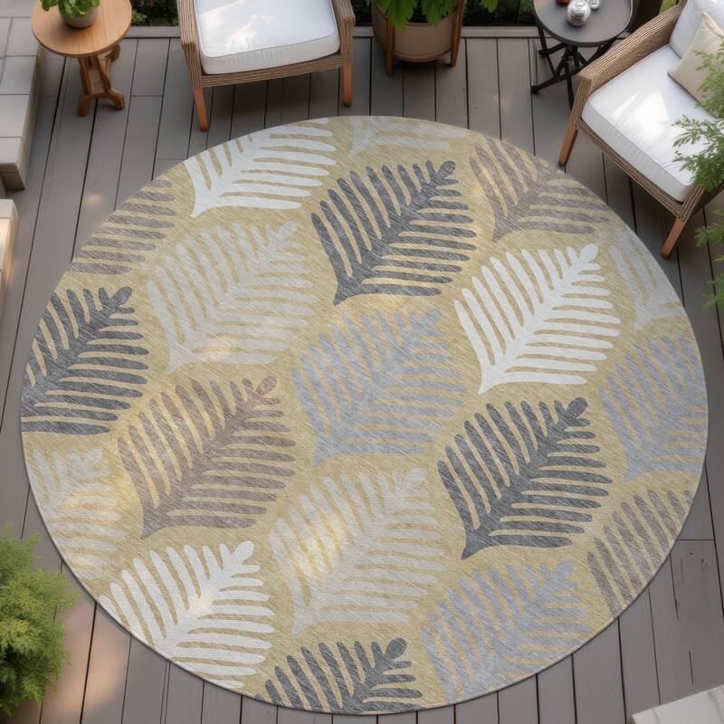 Machine Washable Indoor/ Outdoor Modern Fern Chantille Rug - Gold - 8' x 8'