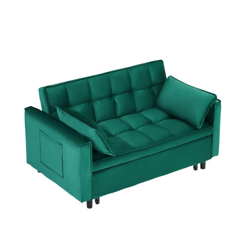 55" Green Velvet Sofa Bed with Convenient Pockets, Three-in-One Conversion