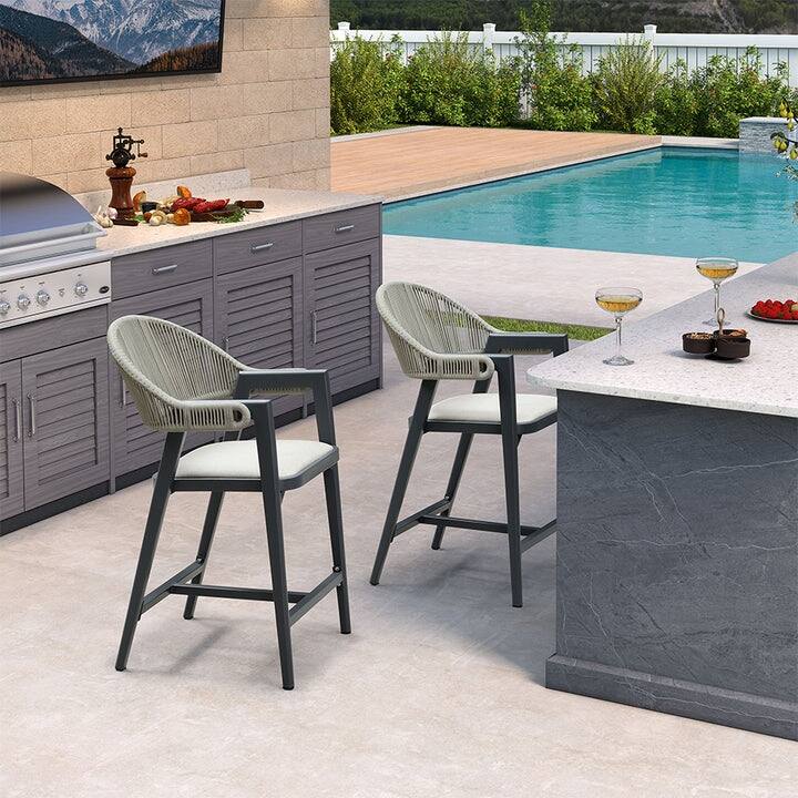 PURPLE LEAF Outdoor Bar Stools Chair Set of 2, All Weather Rattan and Aluminum Patio Bar Stool with Cushion - Grey-counter stool