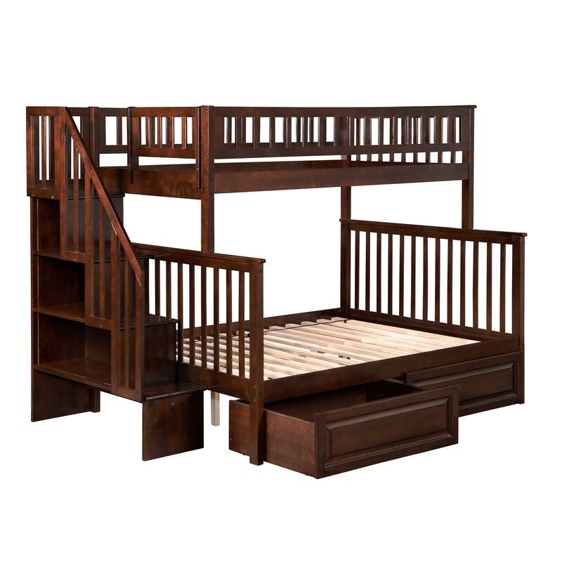 Woodland Twin over Full Solid Wood Staircase Bunk Bed with 2 Raised ...