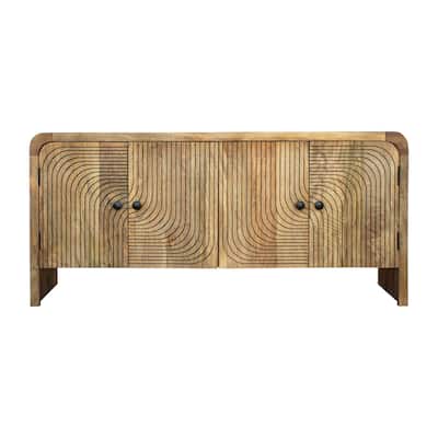 Sagebrook Home Cabinet Mango Wood Veneer MDF Ribbed Pattern Waterfall Edge Frame Base 63 Inch Brown Natural Wood Grain