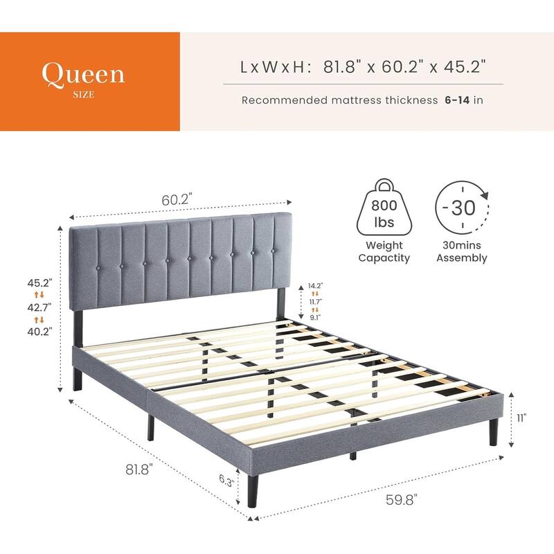 Queen Size Platform Bed Frame with Fabric Upholstered Headboard and Wooden Slats Support, No Box Spring Needed/Easy Assembly