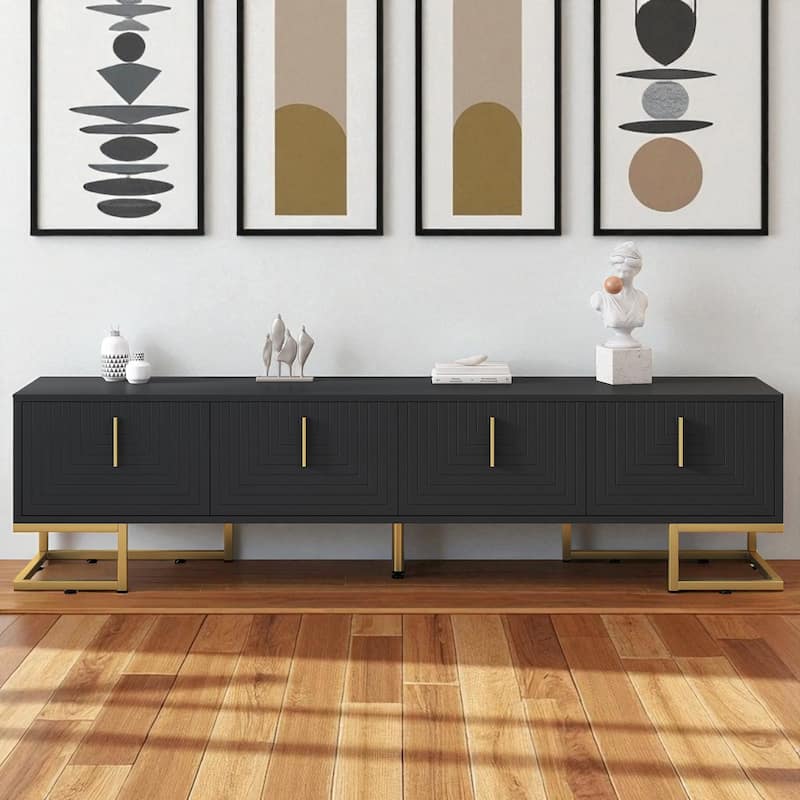 Luxury Black TV Cabinet with Geometric Line Doors, Adjustable Shelves & Cable Holes, Media Console for 80 Inch TV - Black