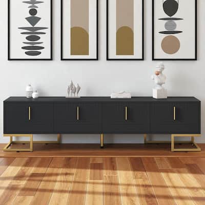 Luxury Black TV Cabinet with Geometric Line Doors, Adjustable Shelves & Cable Holes, Media Console for 80 Inch TV