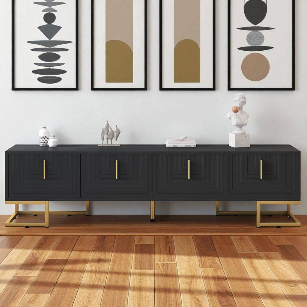 Luxury Black TV Cabinet with Geometric Line Doors, Adjustable Shelves & Cable Holes, Media Console for 80 Inch TV