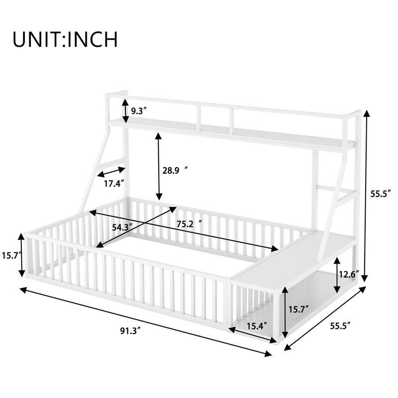 Full Size Floor Bed Frame with Safety Fence, Metal Floor Bed with Desk and Storage Shelves, Playhouse for Kids