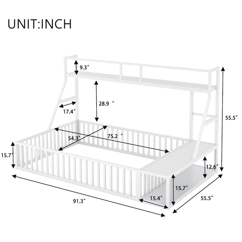 GDFStudio - Aveline Floor Bed Frame with Safety Fence and Storage Shelves for Kids