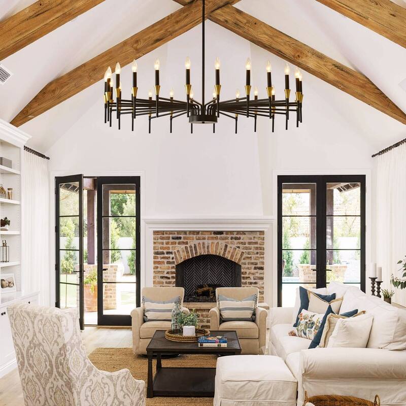 48-Inch Modern Black Farmhouse Chandelier，16-Light Industrial Round Hanging Light Fixture