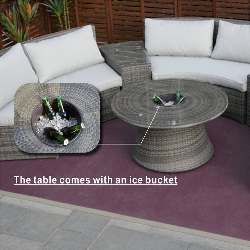 9-Piece Modular Patio Iron PE Rattan Sofa Set with Round Coffee Table