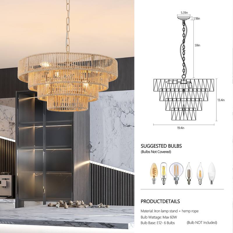 20" 4-Layer Woven Rattan Chandelier Boho Pendant Light(No Bulbs)