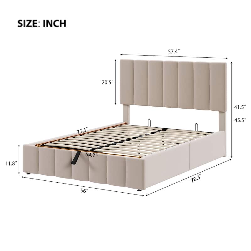 Hydraulic Lift Up Storage Bed, Linen Upholstered Platform Bed Frame with Vertical Panel Headboard, Wooden Slat Support