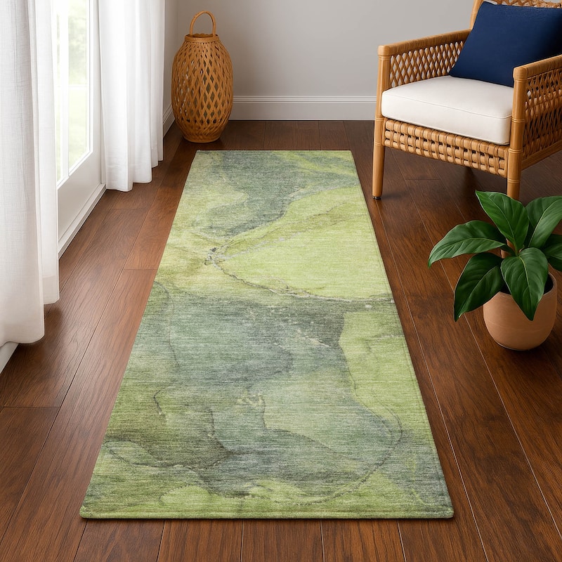 Premium Washable Super Soft Abstract Watercolor Mayfield Rug - Green - 2'3" x 7'6"