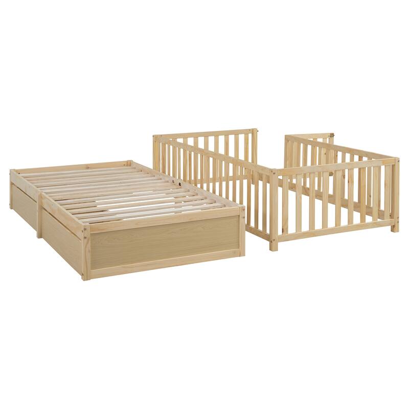 Pine Wood Daybed Floor Bed Frame with Fence Guardrails and 2 Drawers, Converts into Two Individual Beds, No Box Spring Needed