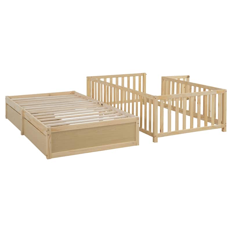 Twin Size Convertible Wood Daybed & Floor Bed with Fence Guardrails and 2 Drawers