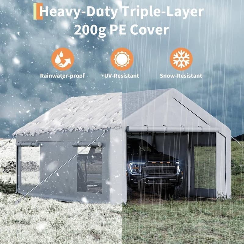 12x20 Ft Carport with Roll-Up Doors and 4 Windows for Bass Boats, Tractors, and SUVs - 12X20 Ft