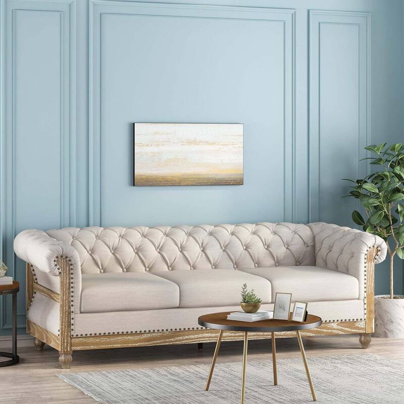 Mirod 3-Seat Sofa with Wooden Legs, Retro Style, Tufted Backrest, Beige Fabric - Beige