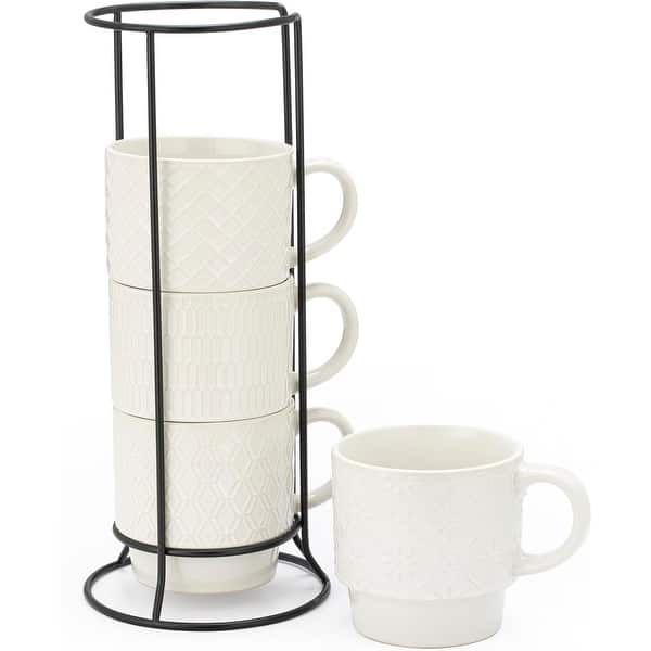 Signature Housewares Stackable Stoneware Coffee Mug Set with Metal Rack -  15 Ounce Coffee Mugs, Set of 4 - Bed Bath & Beyond - 41696785
