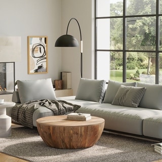 WYNDENHALL Keystone 34 inch Wide Solid Mango Modern Industrial Drum Coffee Table & Assembled - 34"d x 34" w x 12"h