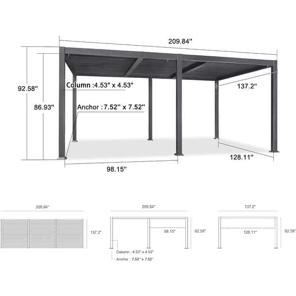 dimension image slide 18 of 36, PURPLE LEAF Outdoor Louvered Pergola with Adjustable Metal Roof for Patio Pergola