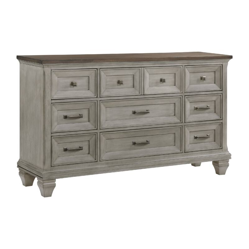 Giny Dresser, 65 Inch, 9 Drawers, Brown and Antique Gray Acacia Wood
