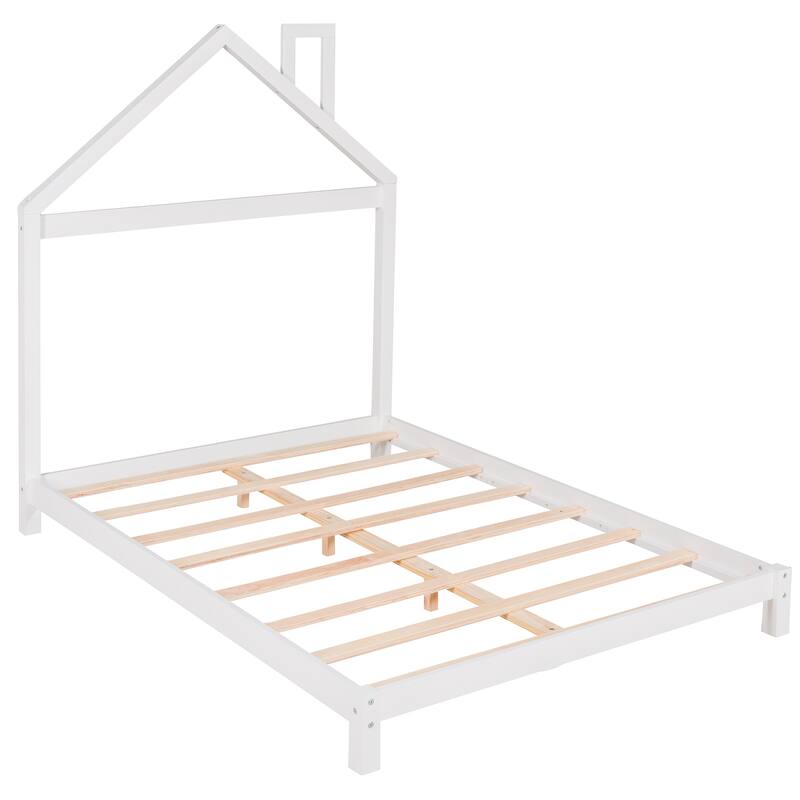 Full Size Wood Platform Bed with House-Shaped Headboard and Sturdy Pine Frame