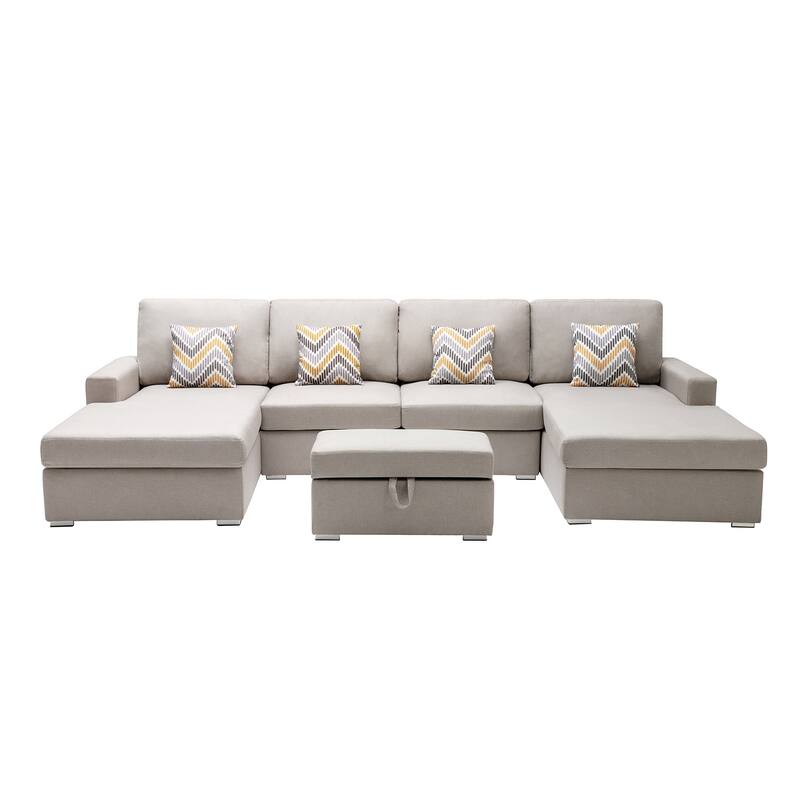 Linen Fabric 5 Piece Double Chaise Sectional Sofa with Interchangeable Legs and Storage Ottoman
