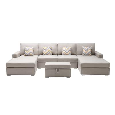 Linen Fabric 5 Piece Double Chaise Sectional Sofa with Interchangeable Legs and Storage Ottoman