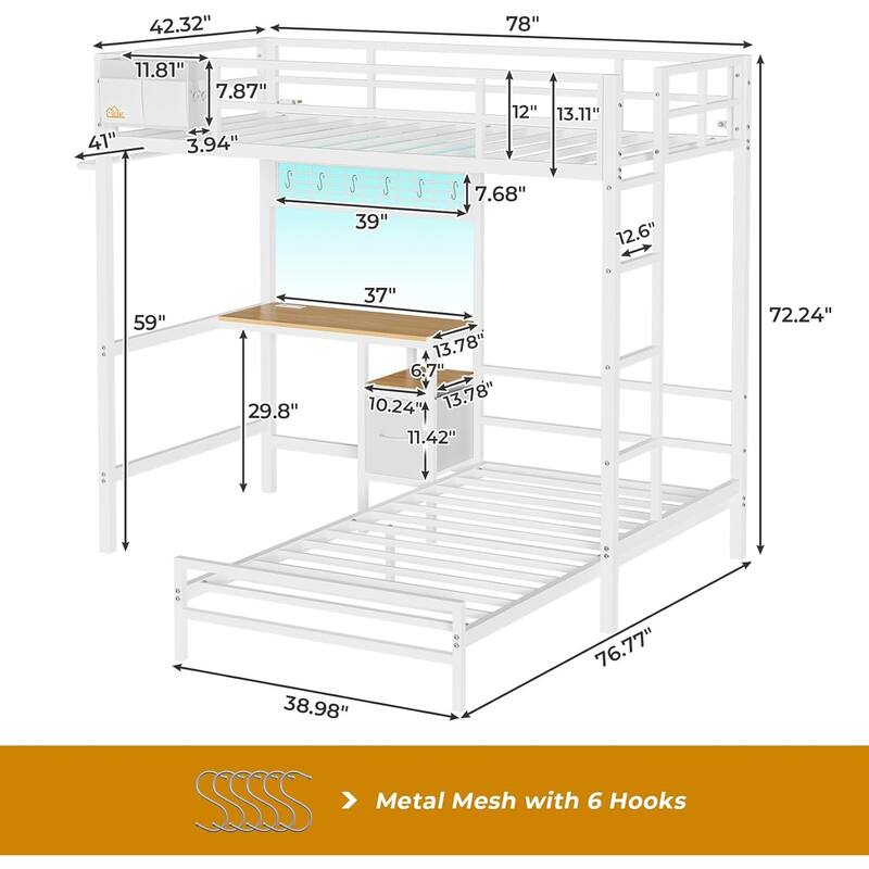 Bunk Bed Twin Over Twin Size with Desk Charging Station L-Shaped Metal