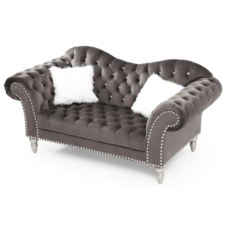 Tufted Velvet 3-Seater Sofa with Throw Pillows - 75" - Dark Gray