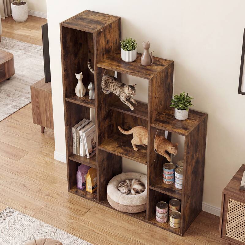 Gymax Modern Cat Bookshelf w/ 2 Round Holes Anti-Tipping Device for
