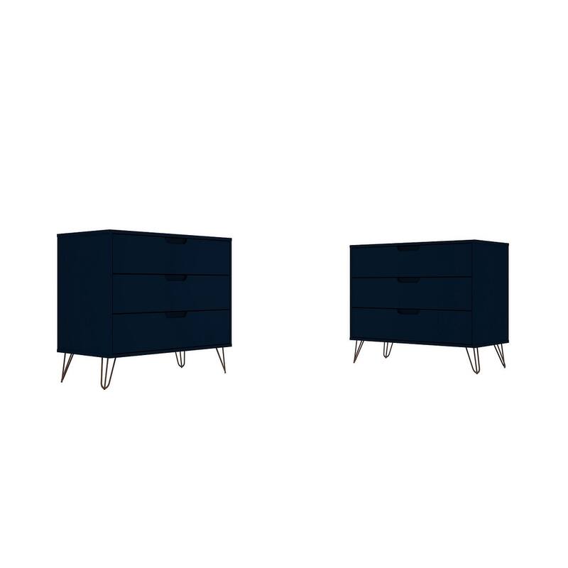 Manhattan Comfort Rockefeller 3-Drawer Dresser (Set of 2) - Tatiana Midnight Blue