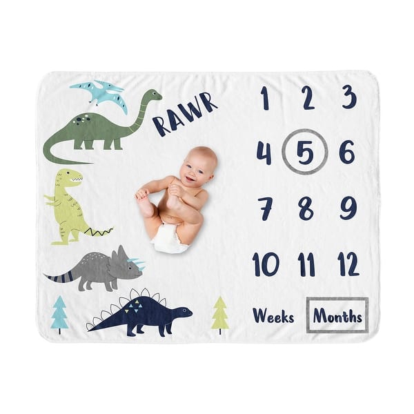 slide 2 of 6, Mod Dino Collection Boy Baby Monthly Milestone Blanket - Blue, Green and Grey Modern Dinosaur Rawr