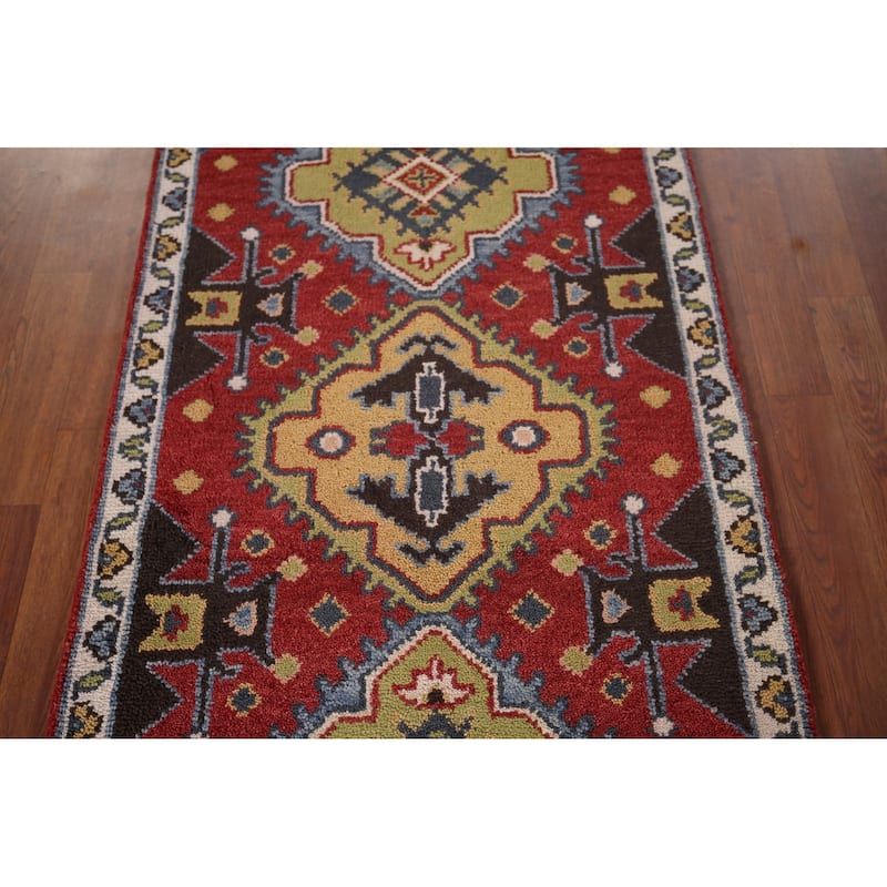 Red Geometric Kazak Oriental Runner Rug Hand-Knotted Wool Carpet - 2'7"x 8'1"