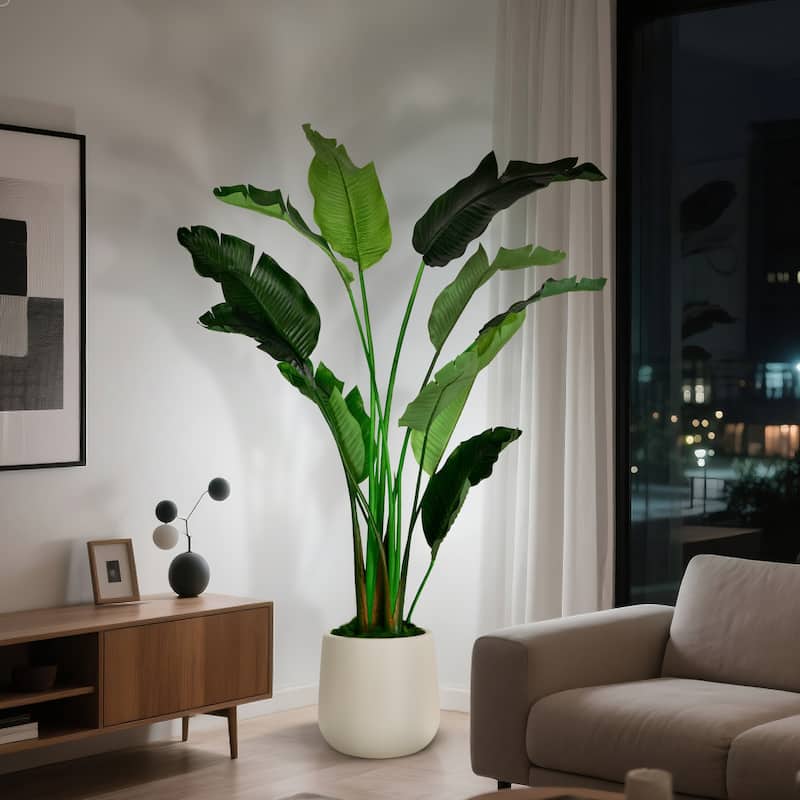 Artificial Banana Leaf Tree Bird Of Paradise in White Decor Pot