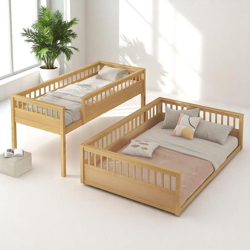 Convertible Twin XL Over Queen Size Bunk Bed with Safety Rails, Ladder and Wood Slats, No Box Spring Needed