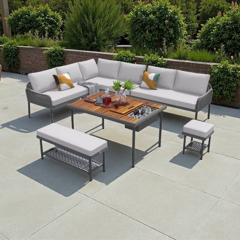 6-Piece Modular L-Shaped Conversation Set, Sectional Sofa Set with Cushions, Acacia Wood Table with Ice Box, Metal Frame - Grey