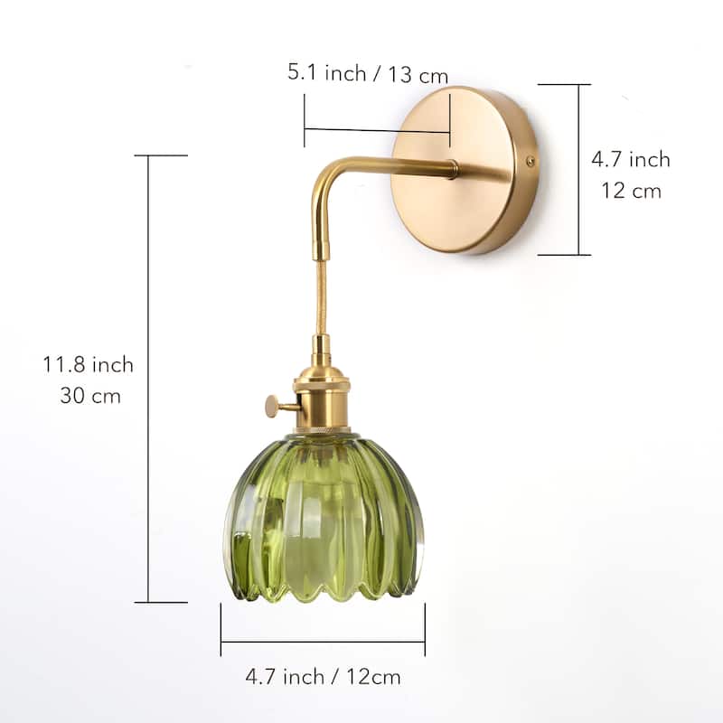 Set of 2 Battery Operated Wireless Sconce with Green Glass Lampshade
