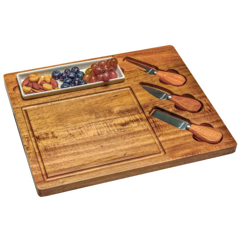 Picnic at Ascot Personalized Acacia Charcuterie Board Set with Ceramic tray & Cheese Tools